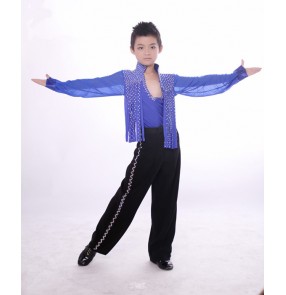 Royal blue white black v neck boys kids children toddlers fringes long sleeves rhinestones competition performance professional ballroom rhythm latin dance tops and shirts